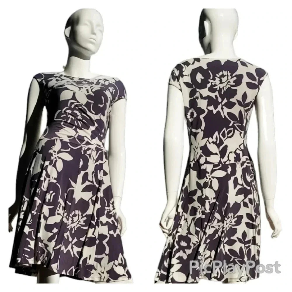 Lauren Ralph Lauren Gray and White Floral Ruched Womens Dress Size 6